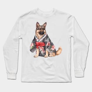 Watercolor German Shepherd Dog in Kimono Long Sleeve T-Shirt